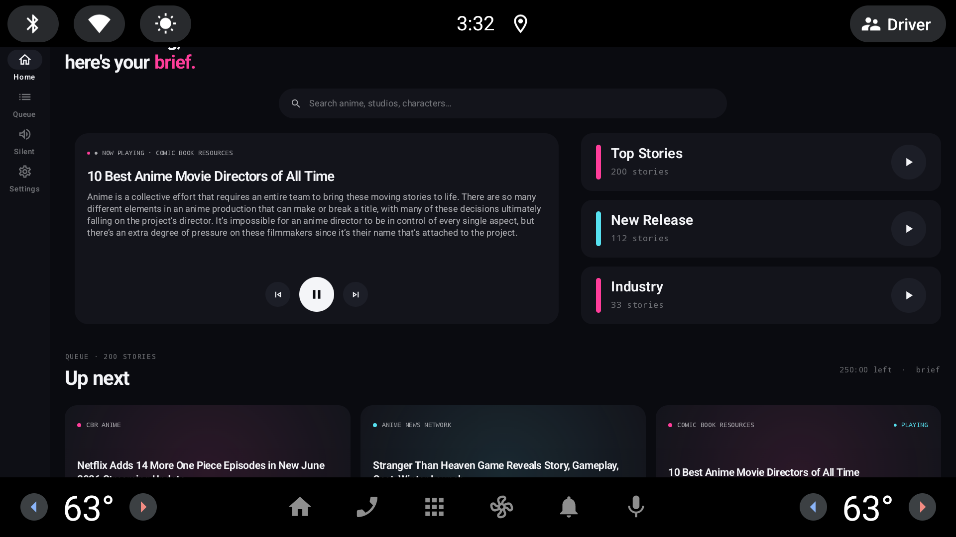 Anime Brief now-playing on Android Automotive
