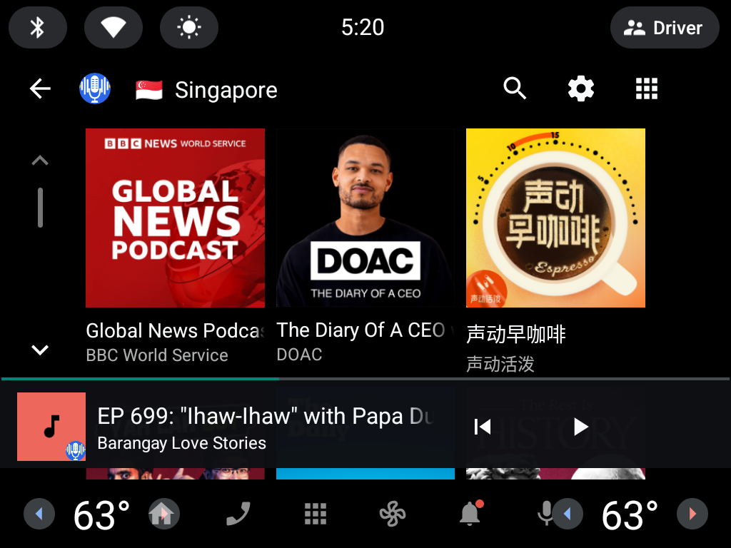 Podlingo Asia browsing Singapore podcasts on Android Automotive