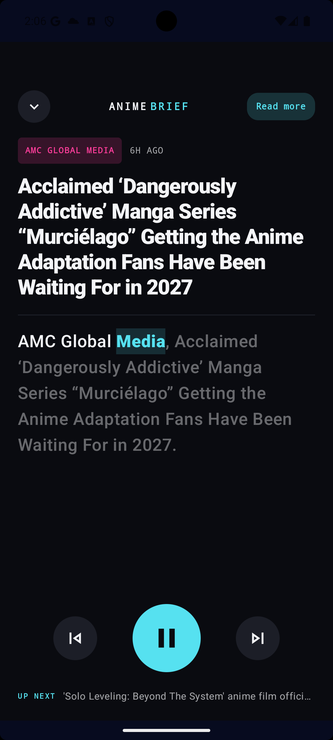 Anime Brief player with word-by-word closed captions highlighted as the voice reads