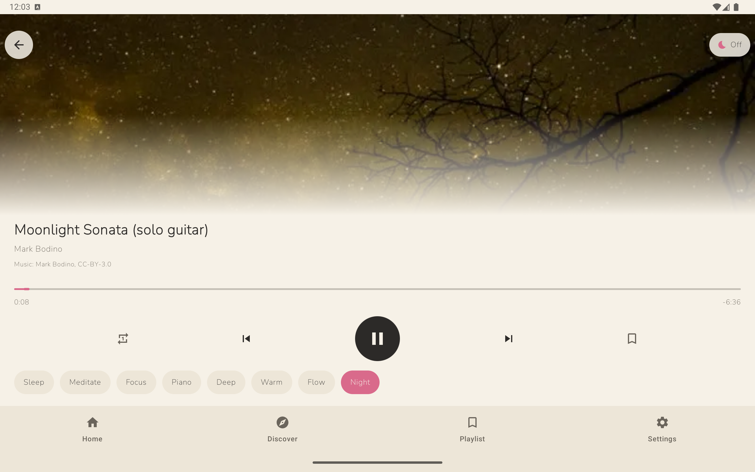 Calmink at night on a tablet, a soft solo-guitar piece playing