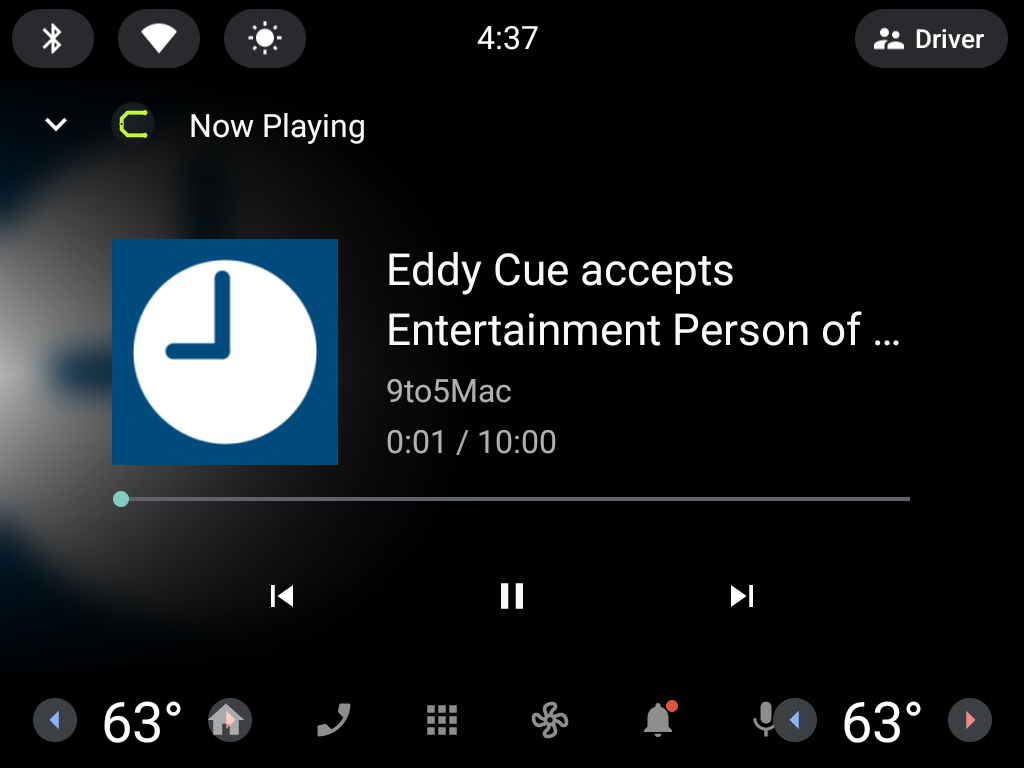 Circuitly now playing a tech story on the car dashboard