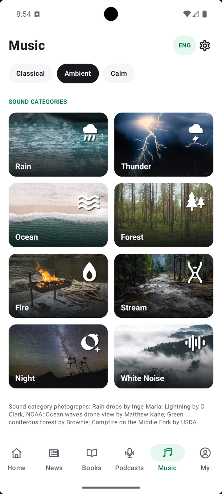 Soundica FM ambient music categories, rain, ocean, night