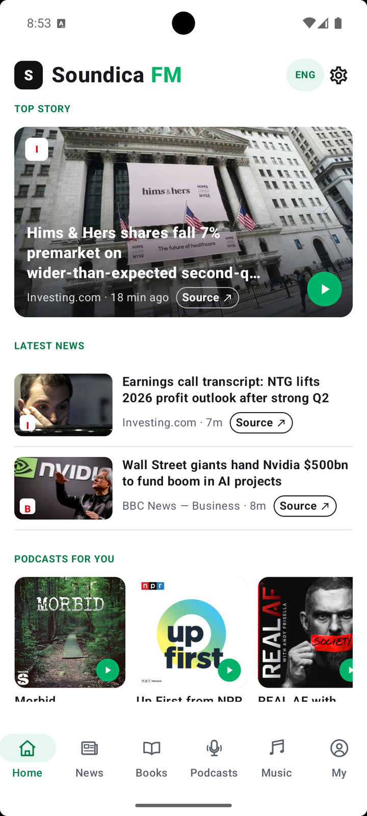 Soundica FM home screen with the day's top stories