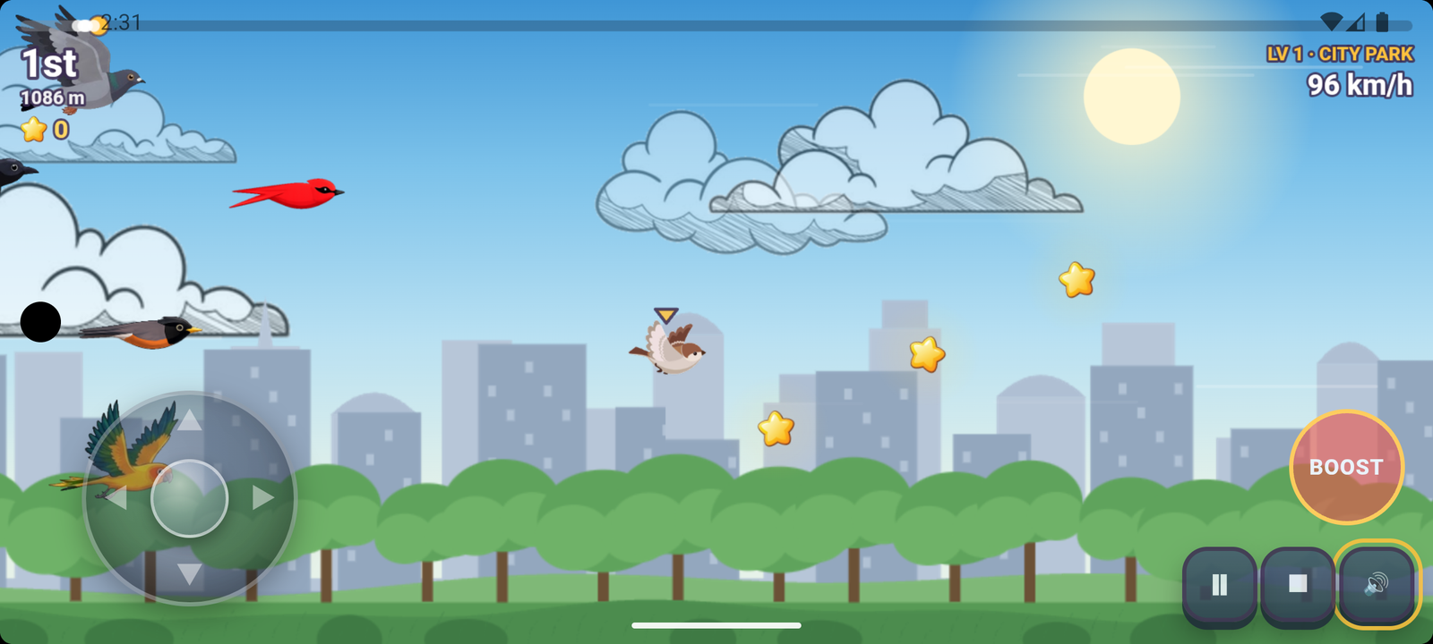 Sparrow Sprint gameplay: the sparrow racing past rivals over a city park