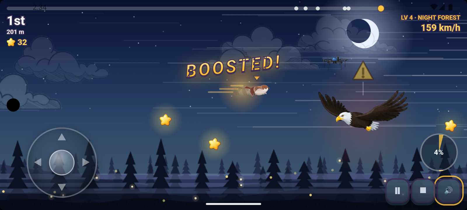 The BOOSTED callout at 159 km/h over a night forest