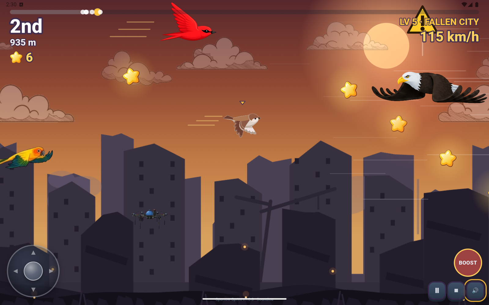 Level 5 over a fallen city at dusk, running second with an eagle closing