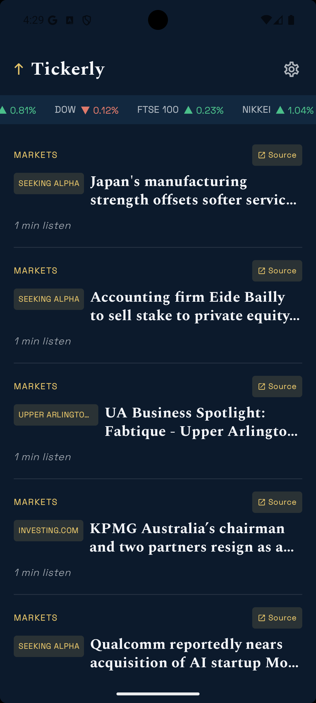 Tickerly playing a markets briefing on a phone