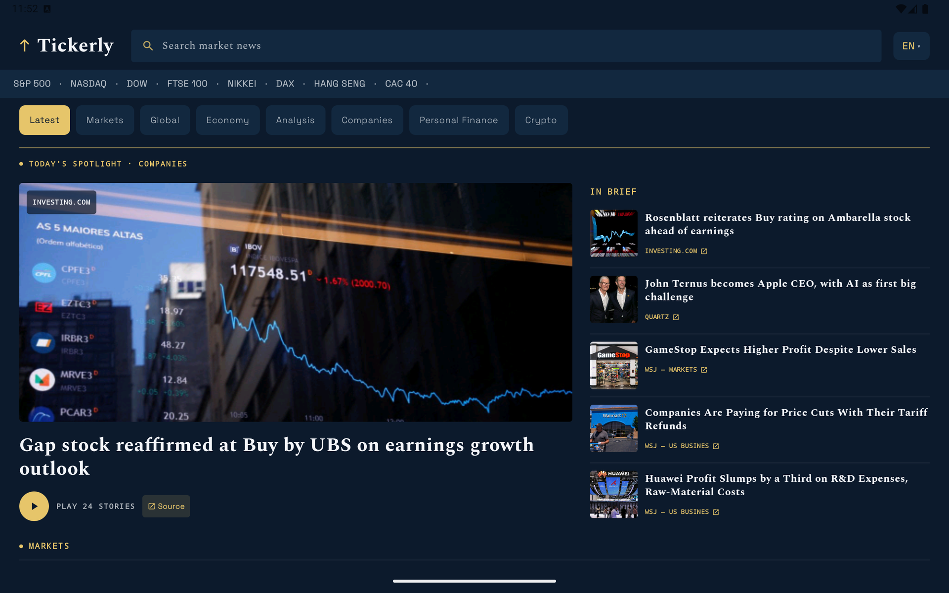 Tickerly on a tablet, showing the lead story beside the rest of the feed